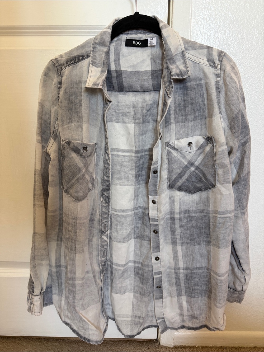 BDG White and Gray Plaid Lightweight Button-Down Shirt